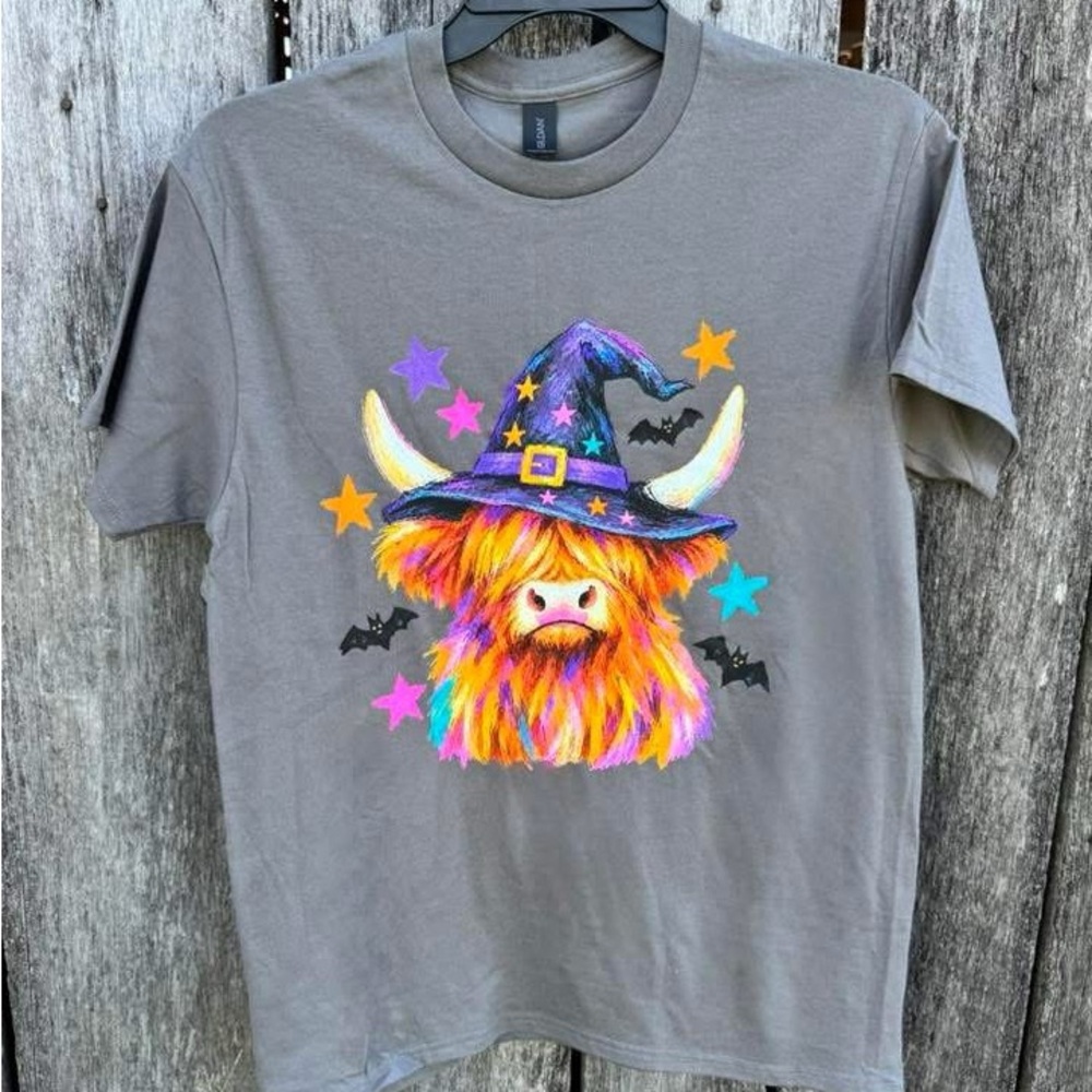 New Adult Halloween Highland Cow T-Shirt - Gray with Colorful Witch Hat Design